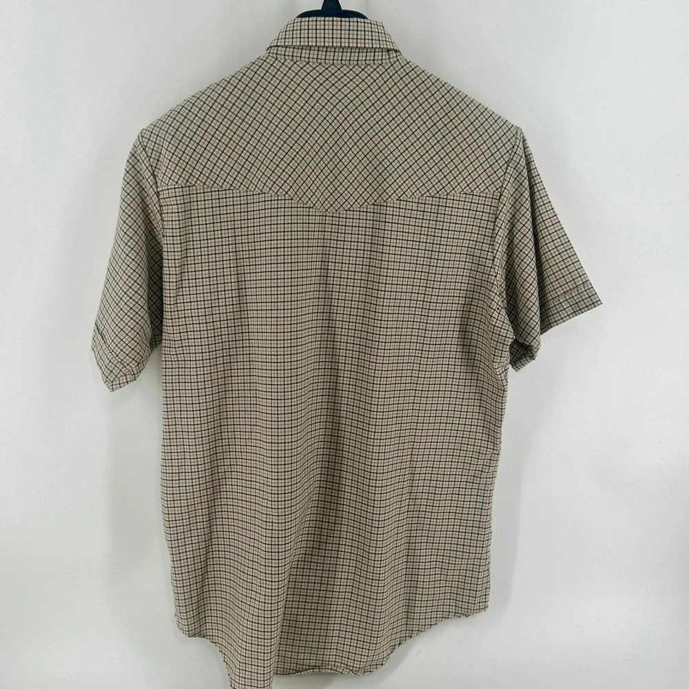 Ely Cattleman Shirt Men L Tan Plaid Regular Fit Western Pearl Snap Short Sleeve